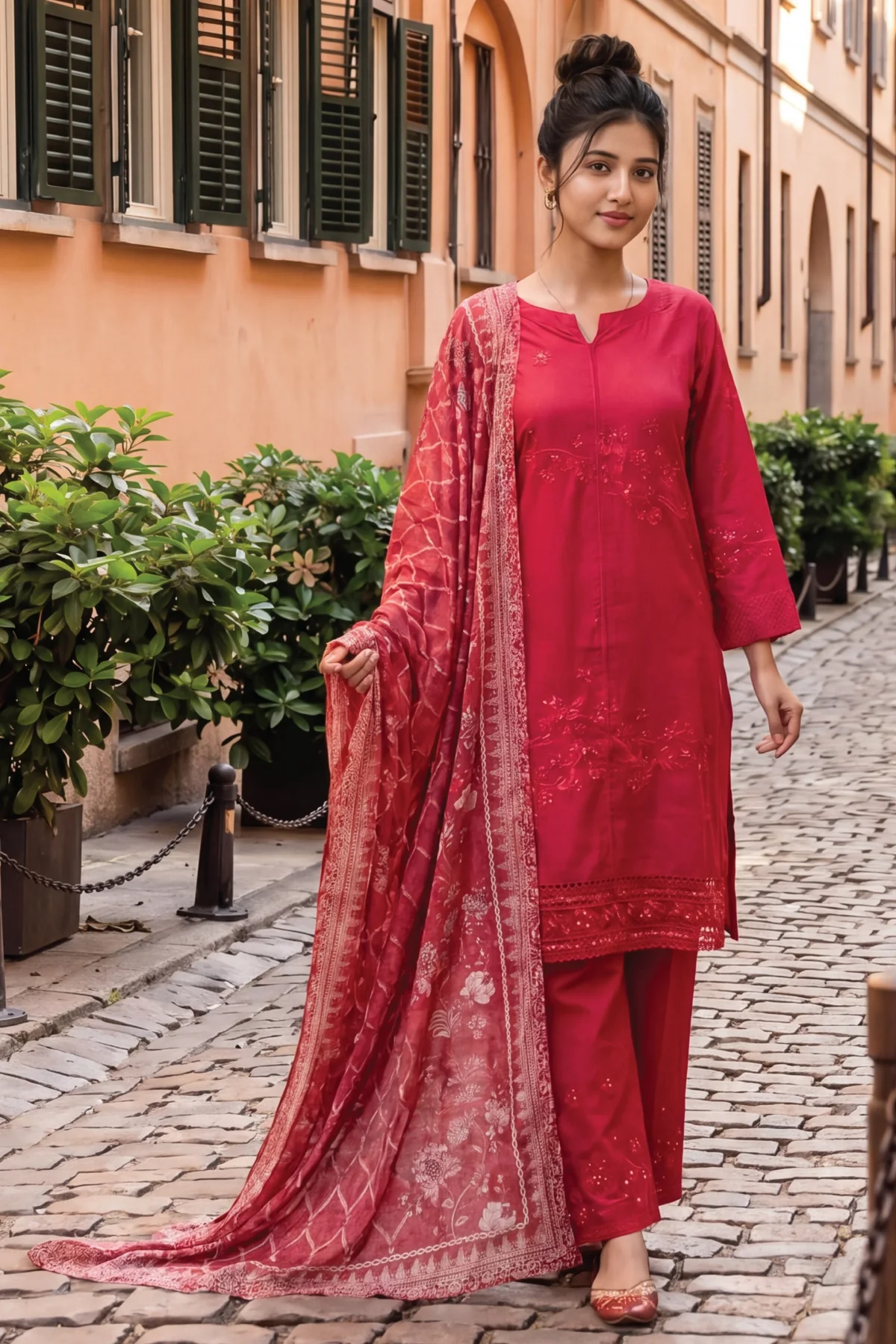 Woman in a red embroidered Pakistani shalwar kameez